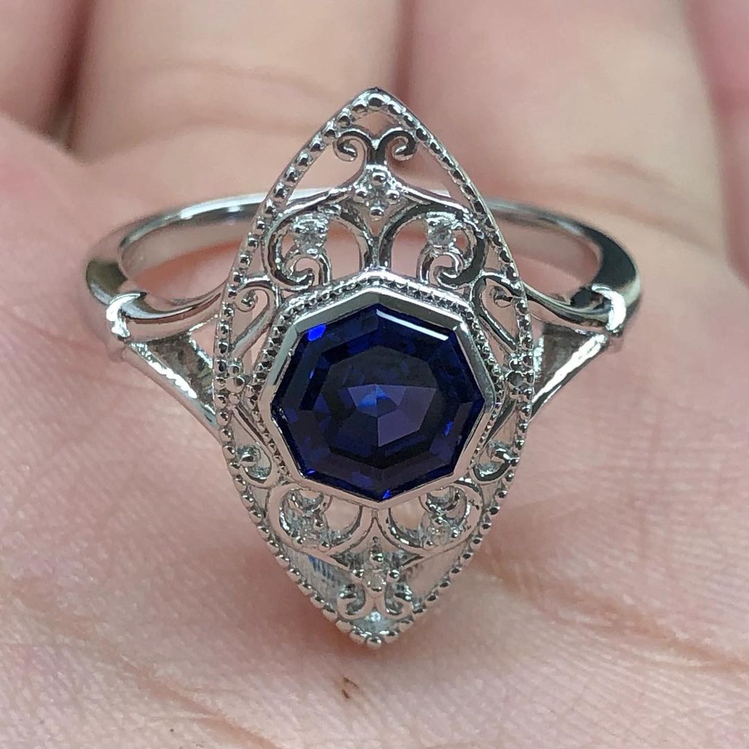 Vintage 2.77Ct Blue Octagon Cut Bezel Ring | Party Wear Ring For Her | Women Jewelry | Birthstone Ring