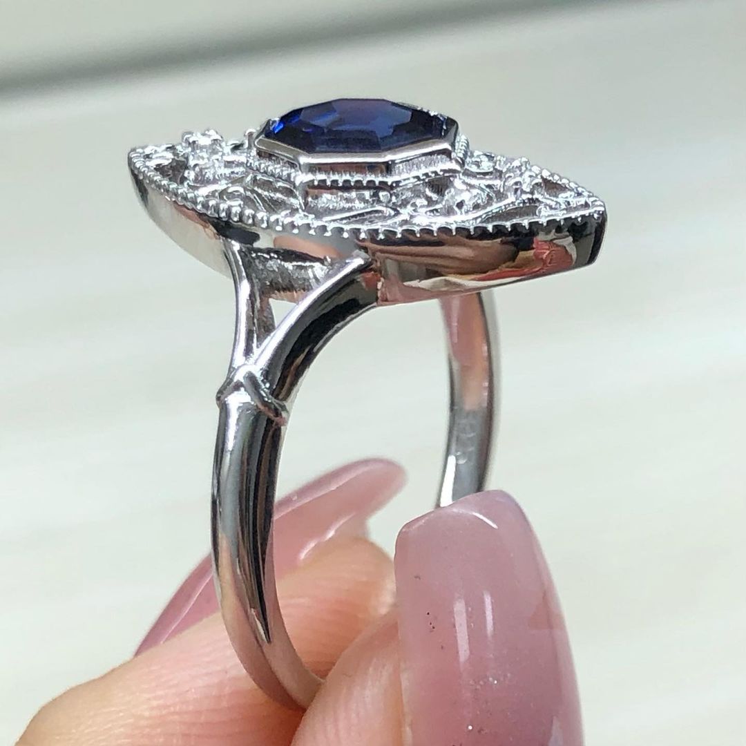 Vintage 2.77Ct Blue Octagon Cut Bezel Ring | Party Wear Ring For Her | Women Jewelry | Birthstone Ring
