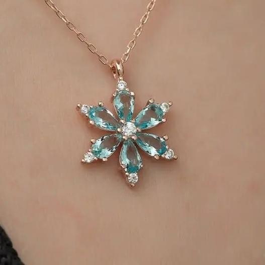 Flower Shape 2.88Ct Aquamarine Color Pear Cut Prong Pendant | Anniversary Gift Pendant For Wife | Party Wear Pendant | Luxury Jewelry