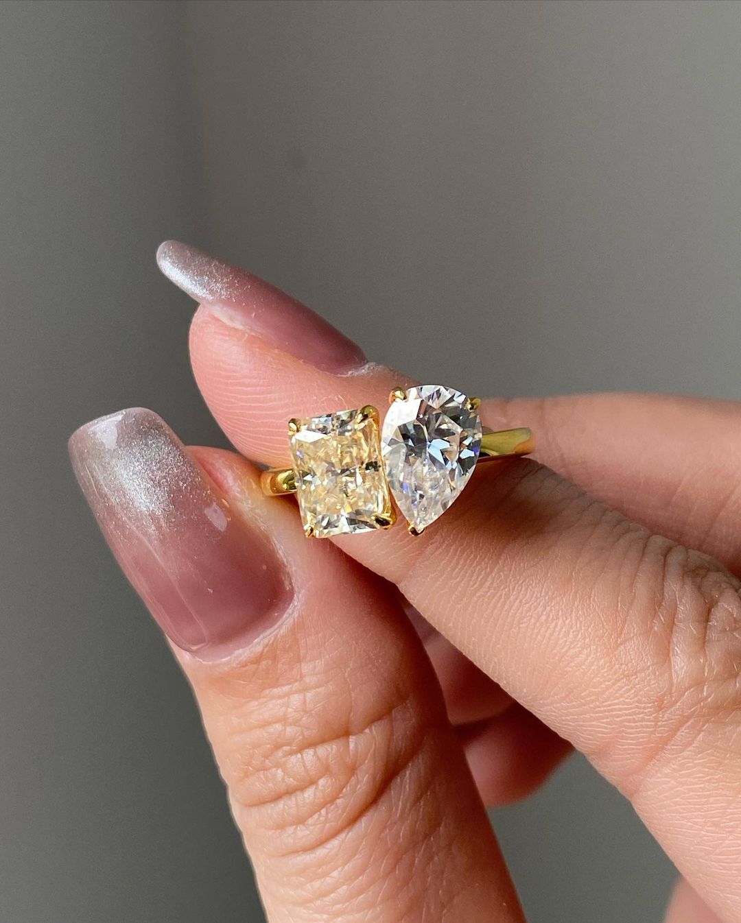 3.20Ct White Pear And Canary Yellow Radiant Cut Two Stone Ring | Toi Et Moi Ring | Engagement Ring