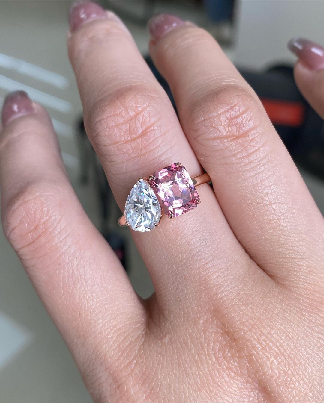 3.20Ct White Pear And Pink Radiant Cut Two Stone Ring | Toi Et Moi Ring | Fashion Jewelry