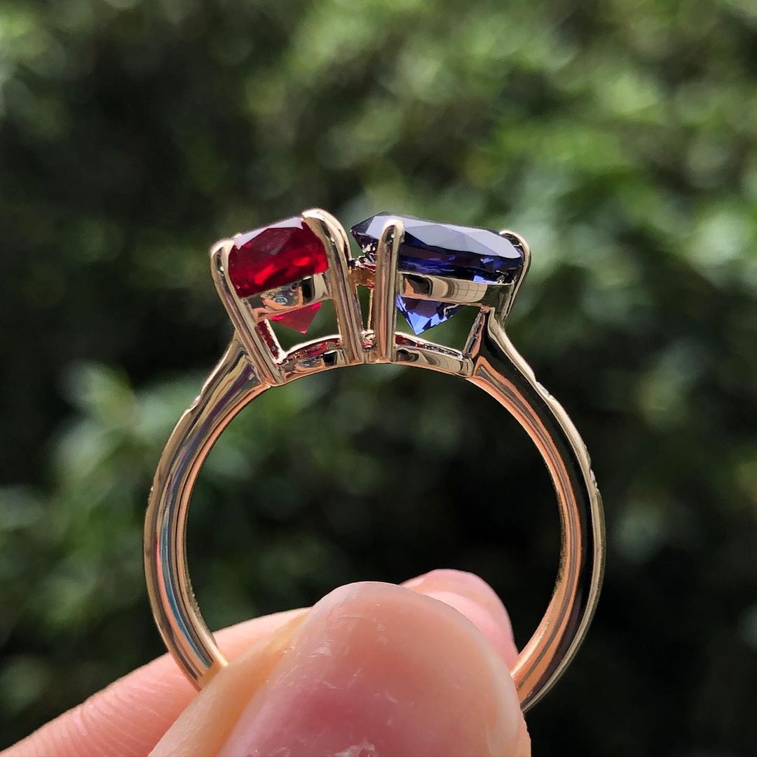 3.20Ct Blue Heart And Red Cushion Cut Two Stone Ring | Toi Et Moi Ring | Engagement Ring For Fiancée