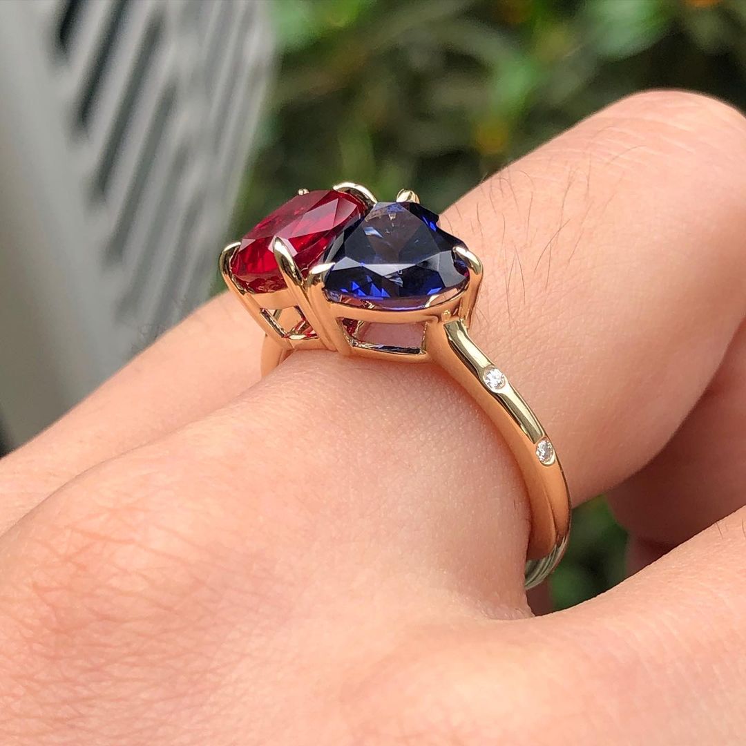 3.20Ct Blue Heart And Red Cushion Cut Two Stone Ring | Toi Et Moi Ring | Engagement Ring For Fiancée