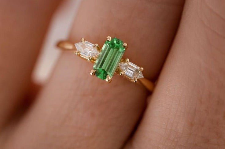 2.2Ct Green Baguette Cut Three Stone Ring | Engagement Ring For Fiancee | Women Jewelry | Timeless Design
