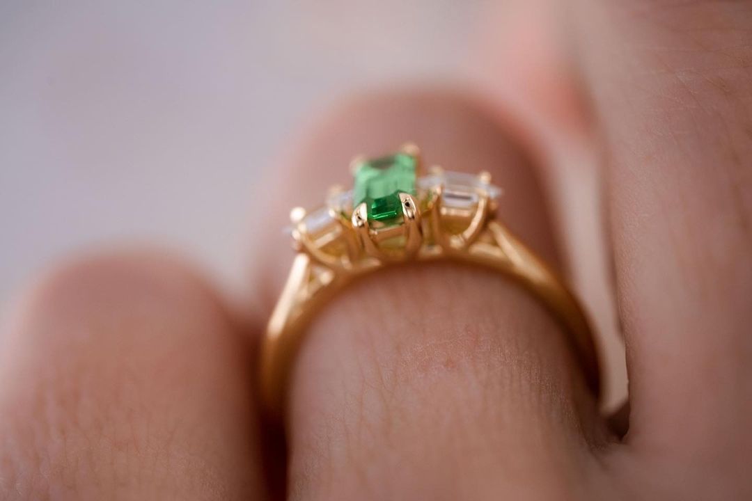2.2Ct Green Baguette Cut Three Stone Ring | Engagement Ring For Fiancee | Women Jewelry | Timeless Design