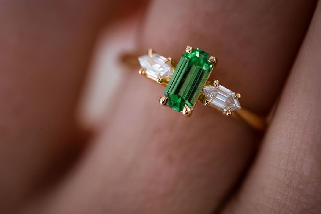 2.2Ct Green Baguette Cut Three Stone Ring | Engagement Ring For Fiancee | Women Jewelry | Timeless Design