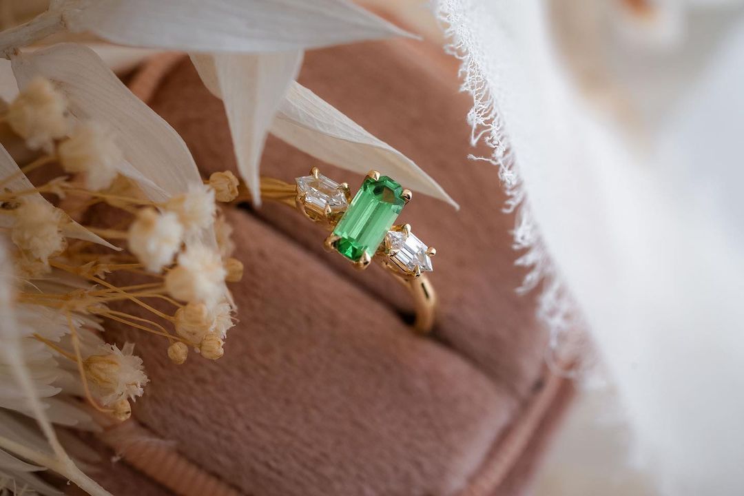 2.2Ct Green Baguette Cut Three Stone Ring | Engagement Ring For Fiancee | Women Jewelry | Timeless Design