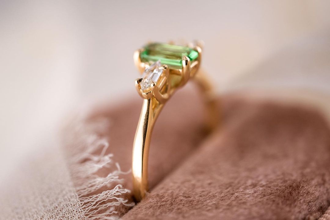 2.2Ct Green Baguette Cut Three Stone Ring | Engagement Ring For Fiancee | Women Jewelry | Timeless Design