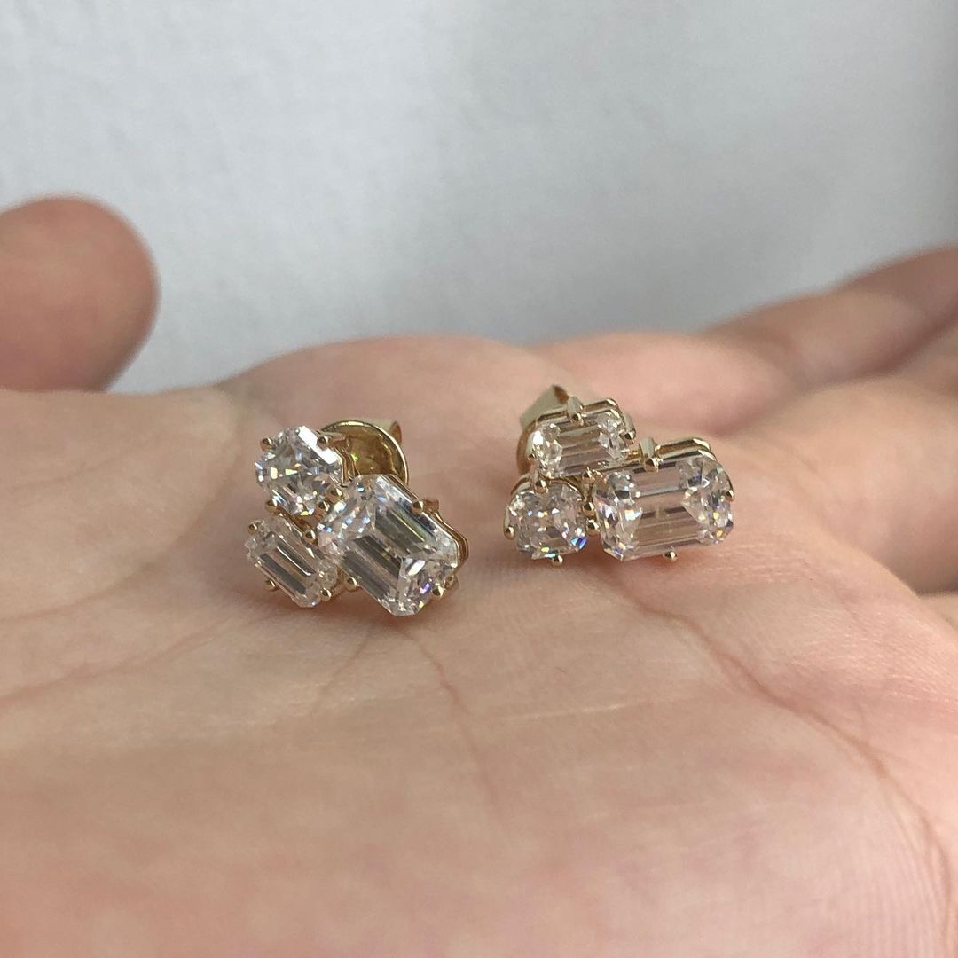 White Emerald And Asscher Cut Cubic Zirconia Three Stone Stud Earring | Engagement Bride Gift Earring | Stylish Stud Earring