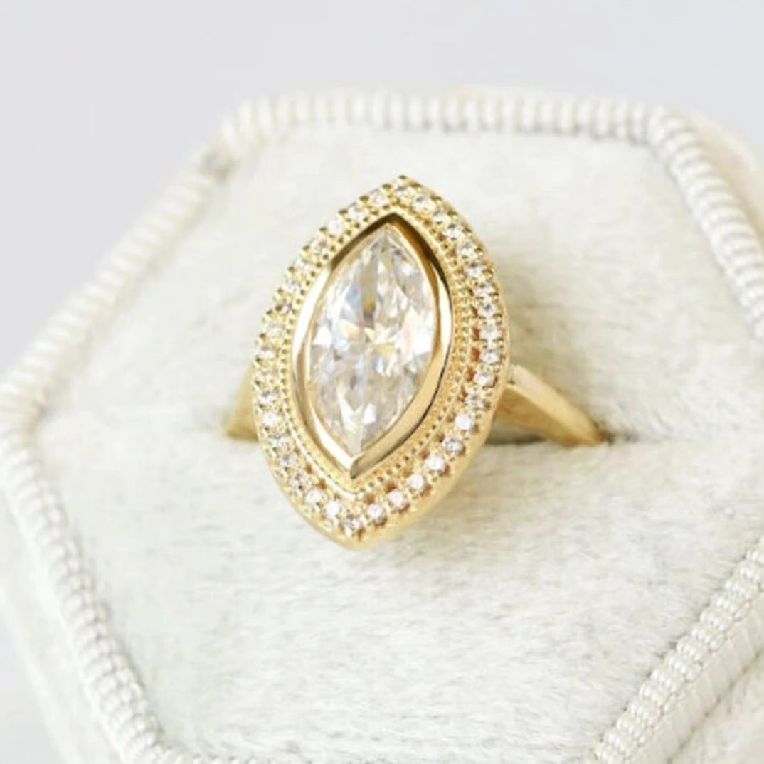 3.20Ct White Marquise Cut Bezel / Halo Ring | Party Wear Ring | Wedding Ring For Bridal