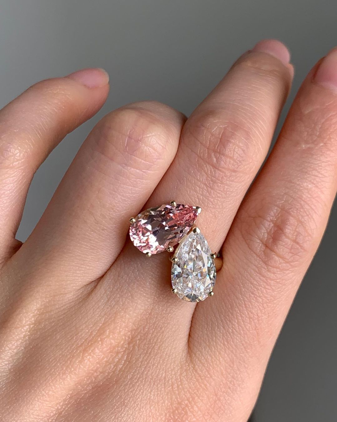 3.20Ct White And Light Pink Pear Cut Two Stone Ring | Toi Et Moi Ring | Engagement Ring