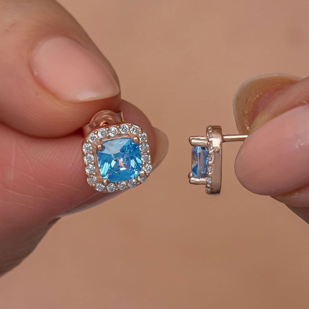 Blue Cushion Cut Cubic Zirconia Halo Stud Earring | Push Back Stud Earring For Women | Bridal Wedding Gift Earring