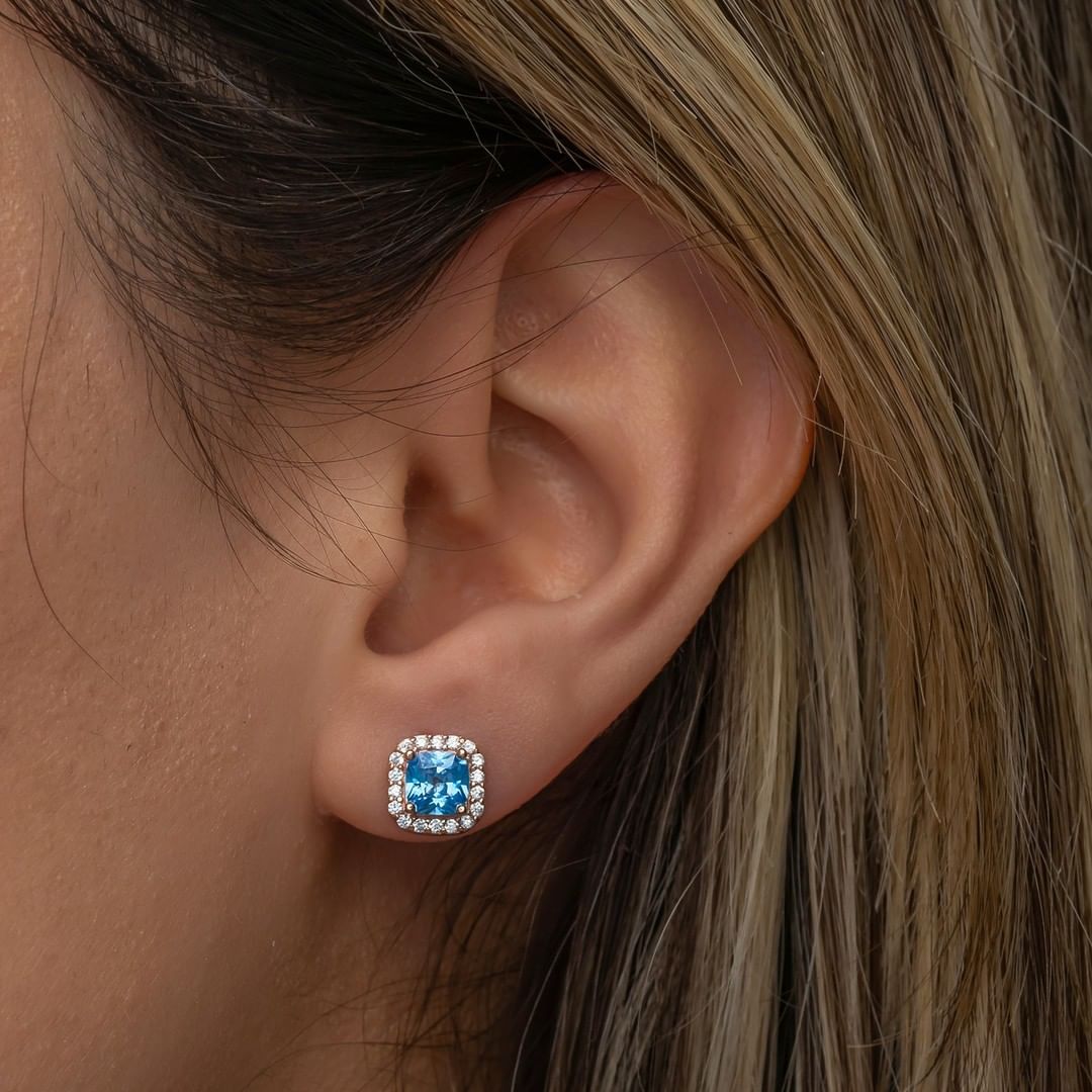 Blue Cushion Cut Cubic Zirconia Halo Stud Earring | Push Back Stud Earring For Women | Bridal Wedding Gift Earring
