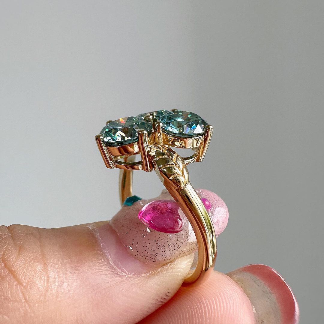 3.30Ct Green Blue Round Cut Moissanite Three Stone Ring | Wedding Ring For Bridal | Special Occasion Ring For Women