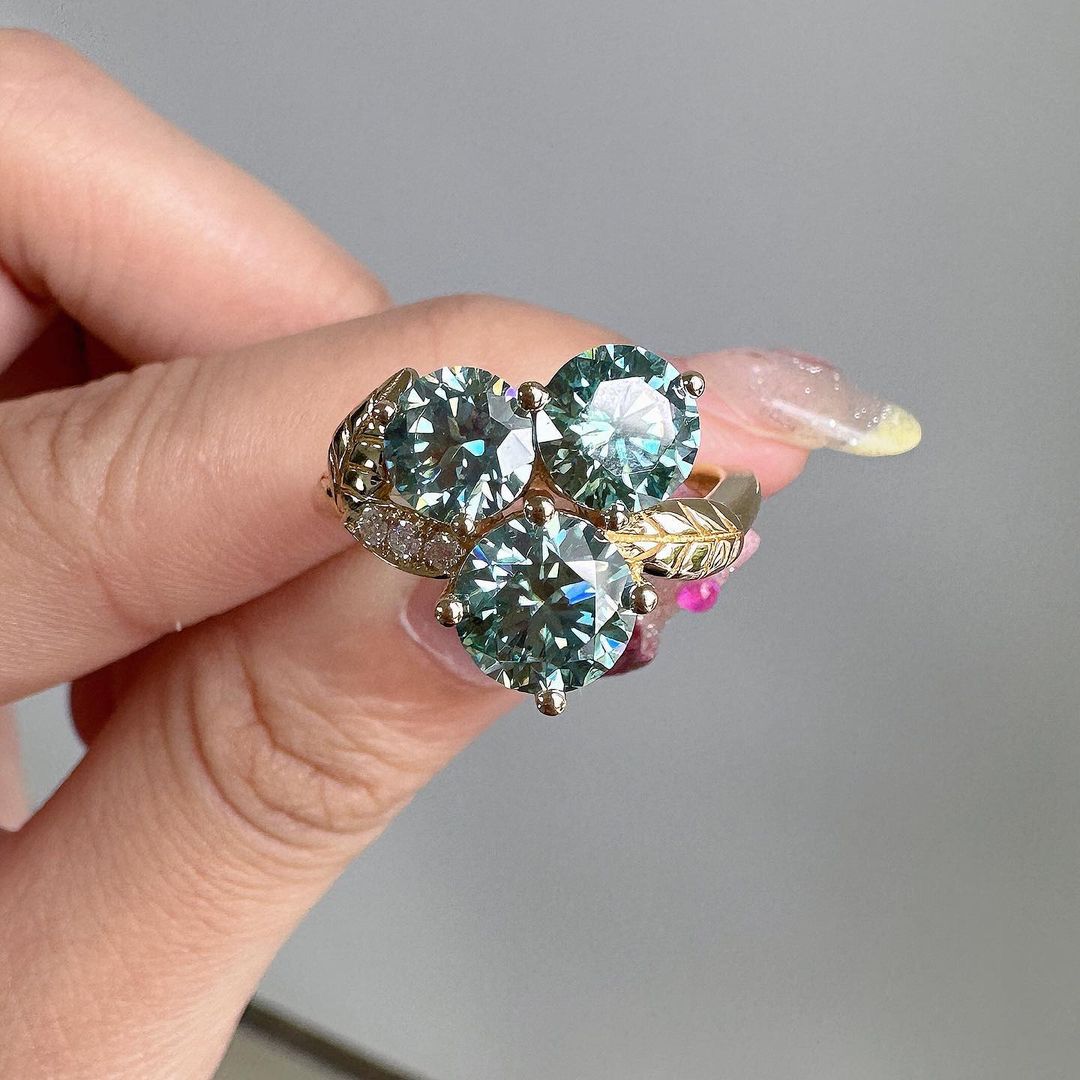 3.30Ct Green Blue Round Cut Moissanite Three Stone Ring | Wedding Ring For Bridal | Special Occasion Ring For Women