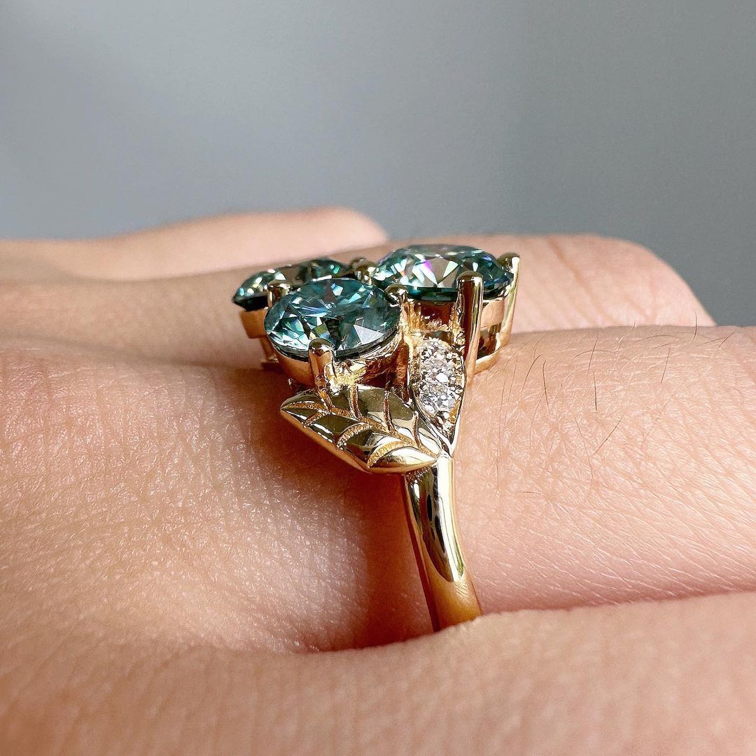 3.30Ct Green Blue Round Cut Moissanite Three Stone Ring | Wedding Ring For Bridal | Special Occasion Ring For Women