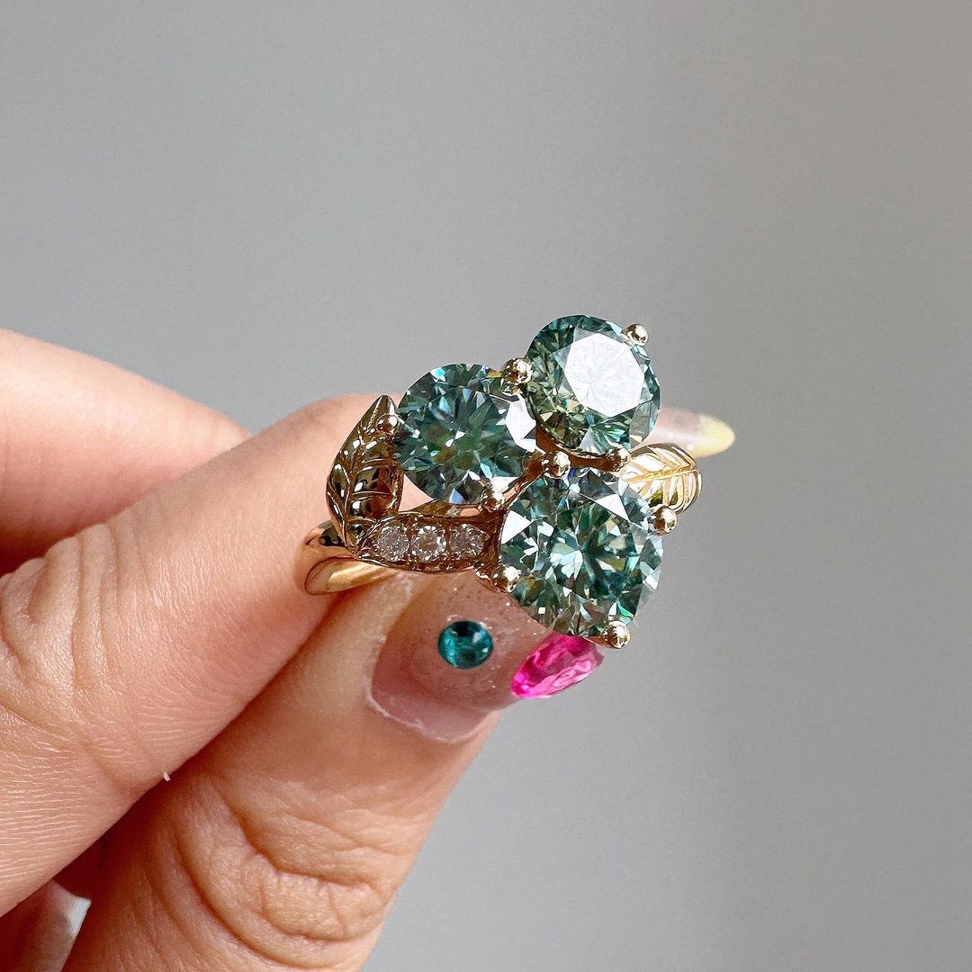 3.30Ct Green Blue Round Cut Moissanite Three Stone Ring | Wedding Ring For Bridal | Special Occasion Ring For Women