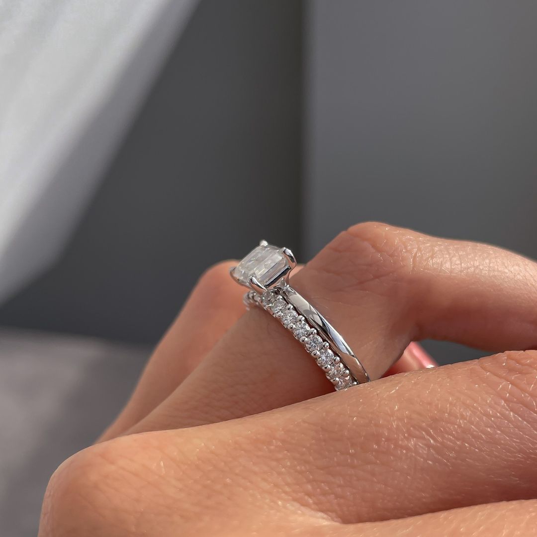 2.4Ct White Emerald Cut Solitaire Ring Set | Engagement Ring Set | Forever One Ring Set | Bridal Jewelry