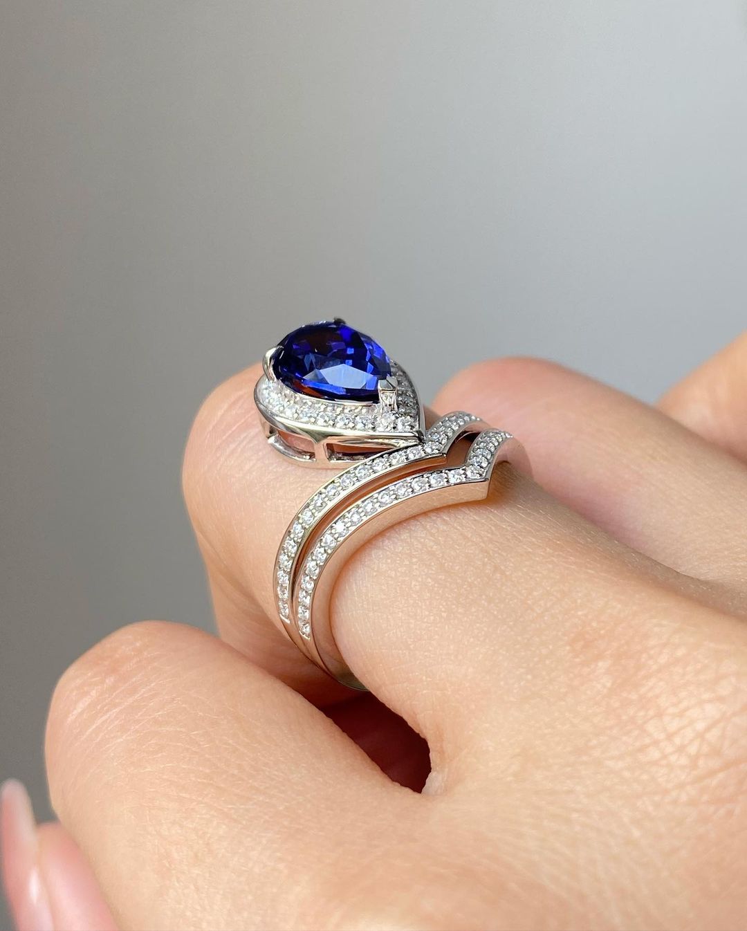 2.85Ct Blue Pear Cut Halo Ring Set | Birthday Gift Ring Set | Customize Ring Set For Women