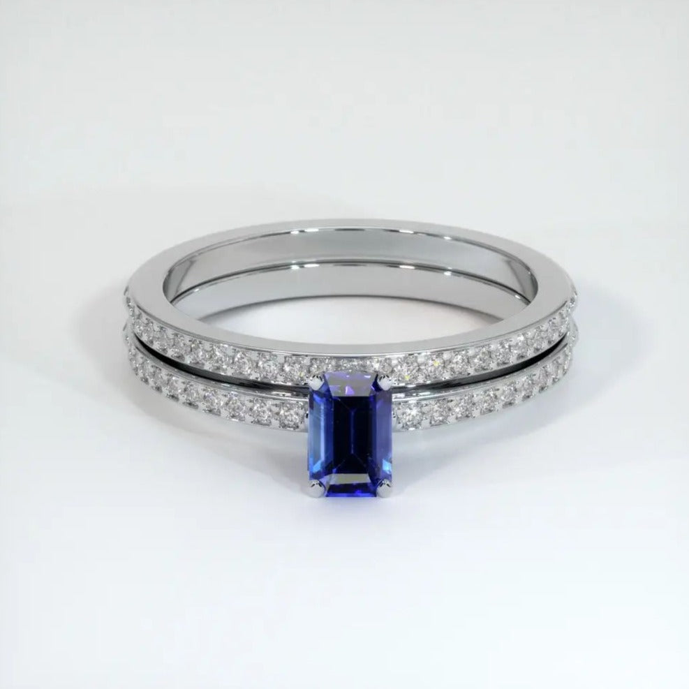 2.6Ct Blue Emerald Cut Solitaire Ring Set | Anniversary Gift Ring Set For Wife | Designer Ring Set | Ring For Women