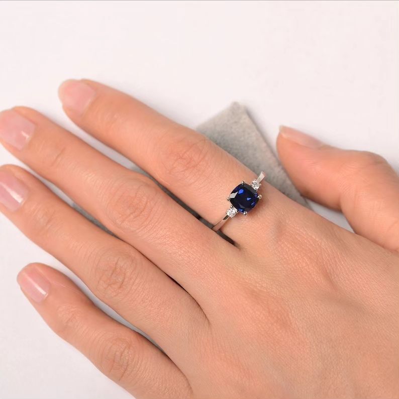 2.8Ct Blue Cushion Cut Three Stone Ring | Bridal Ring | Statement Ring | Timeless Design
