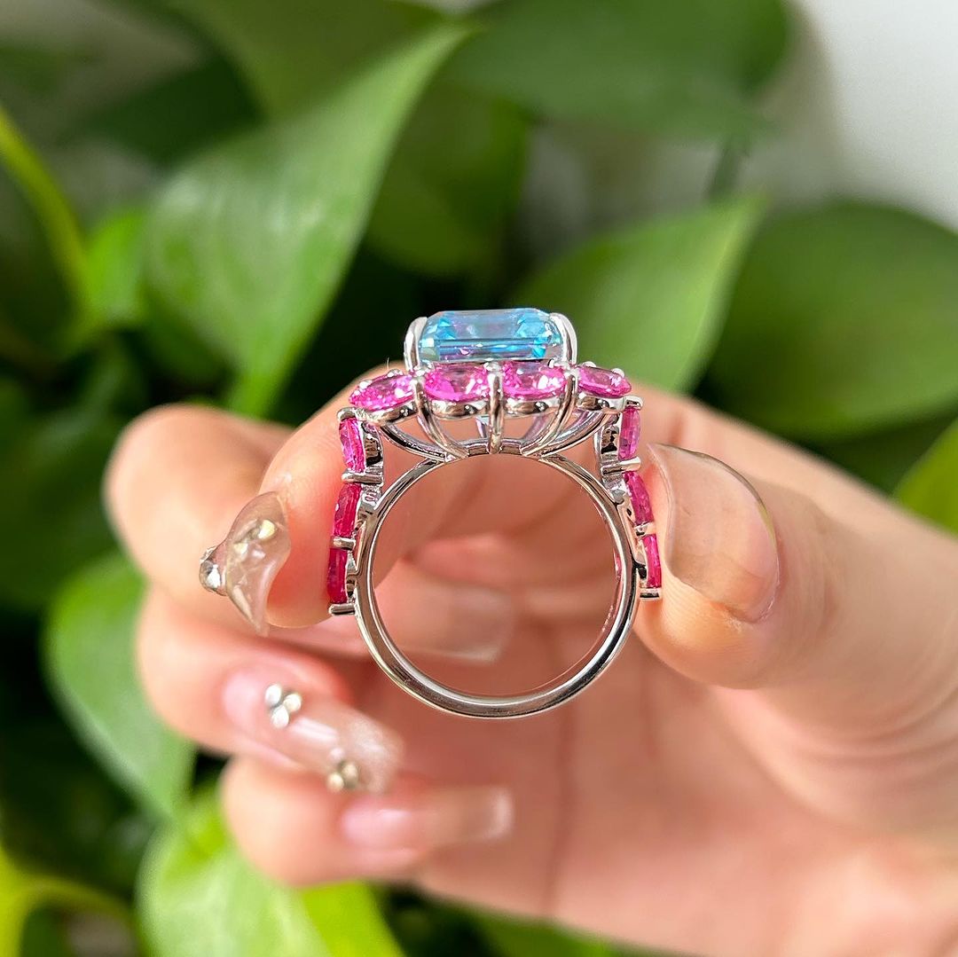 3.20Ct Aquamarine Color Emerald Cut Halo Ring | Party Wear Ring For Women | Bridal Jewelry Collection