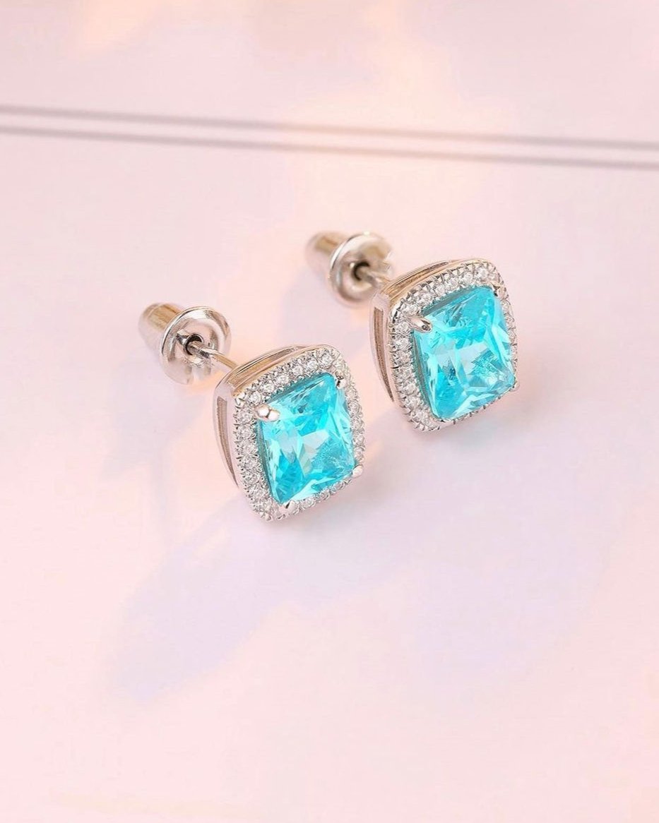 Aquamarine Cushion Cut Cubic Zirconia Halo Stud Earring For Women | Basket Set And Push Back Stud Earring | Bridal Engagement Gift Earring
