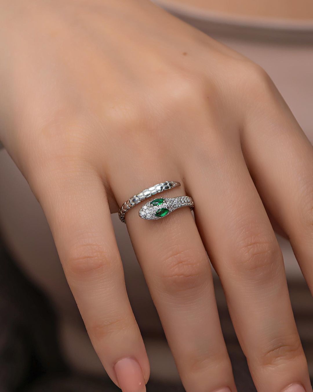 1.5Ct Green Marquise Cut Solitaire With Cluster Snake Ring | Bypass Ring For Women | Classic Design Ring For Her | Personalized Gift