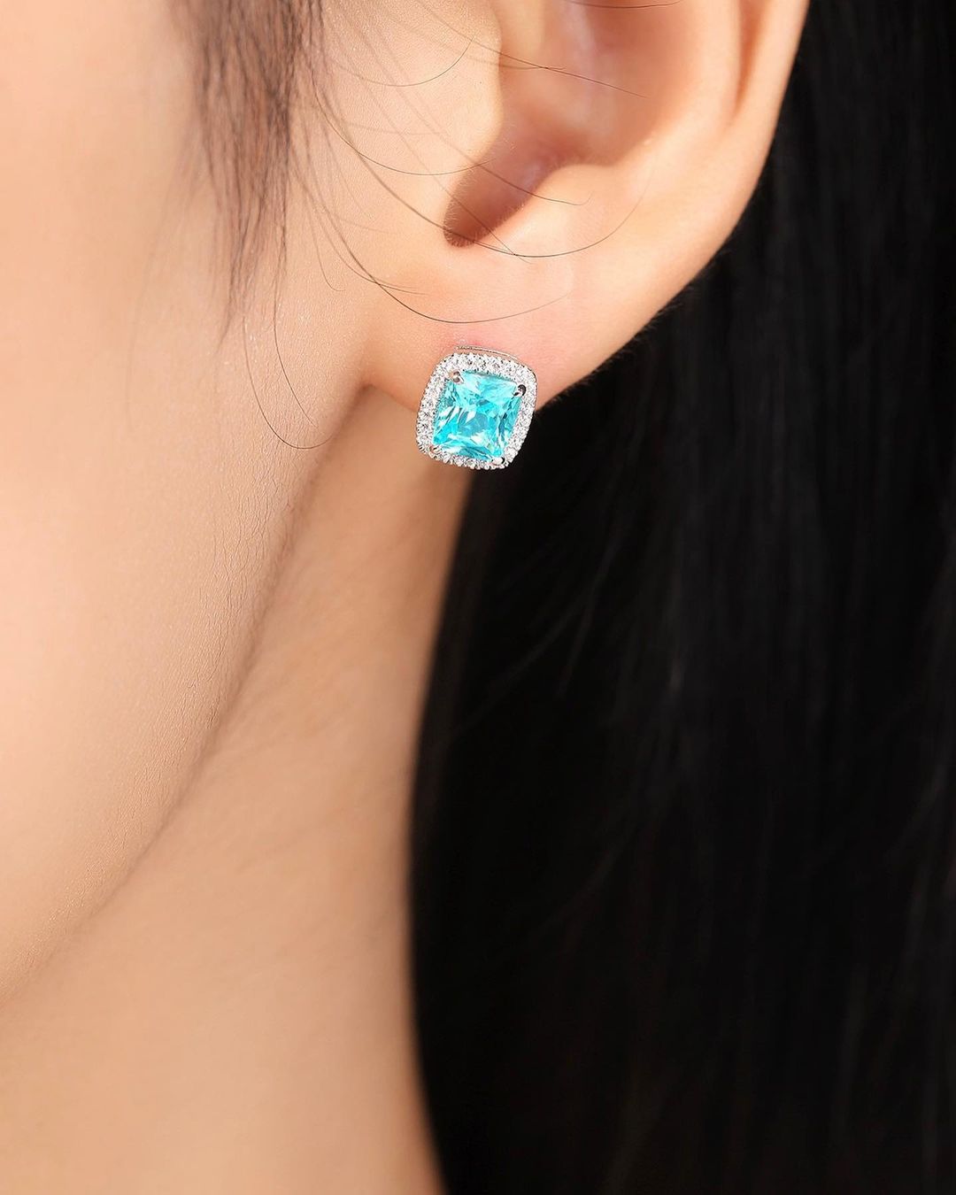 Aquamarine Cushion Cut Cubic Zirconia Halo Stud Earring For Women | Basket Set And Push Back Stud Earring | Bridal Engagement Gift Earring