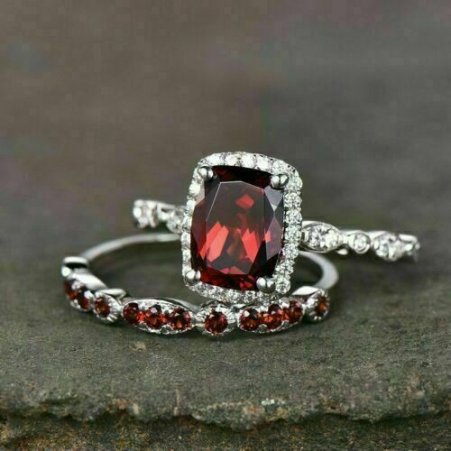 3.10Ct Red Cushion Cut Halo Ring Set | Wedding Ring Set For Bridal | Minimalist Ring Set