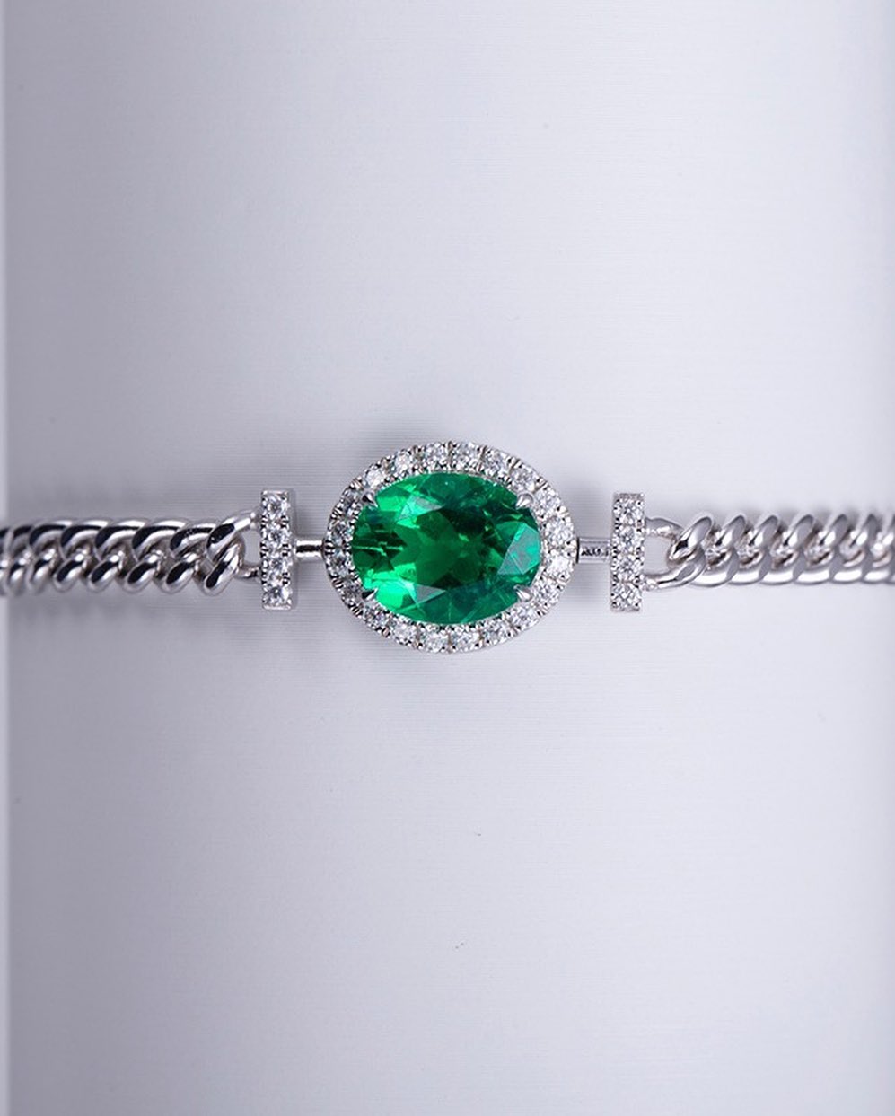 Green Oval Brilliant Cut Signity Diamond Halo Bracelet | Cuban Chain Bracelet For Women | Birthday Gift Bracelet For Mother