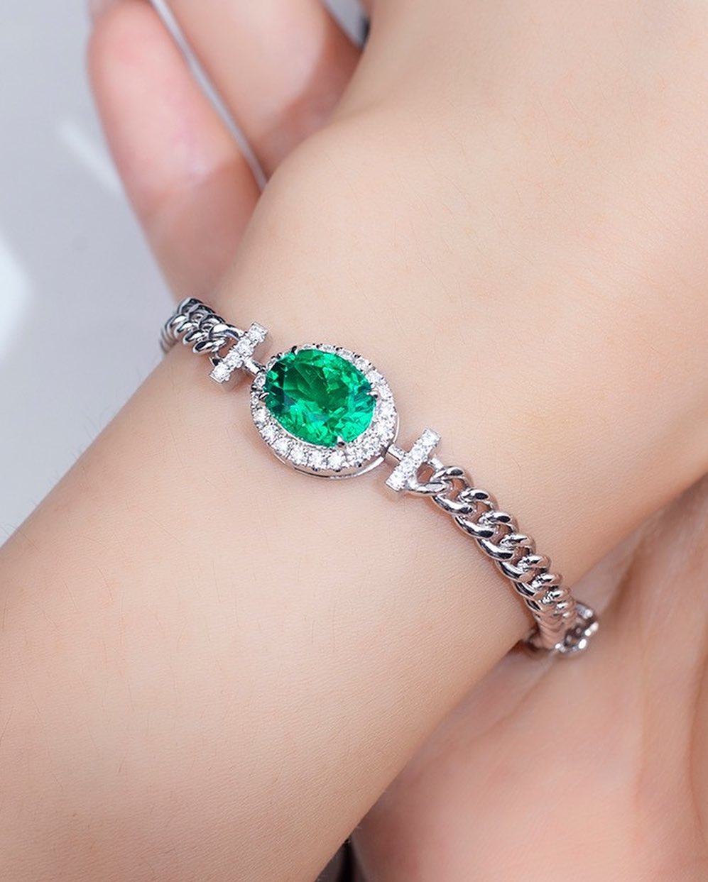 Green Oval Brilliant Cut Signity Diamond Halo Bracelet | Cuban Chain Bracelet For Women | Birthday Gift Bracelet For Mother