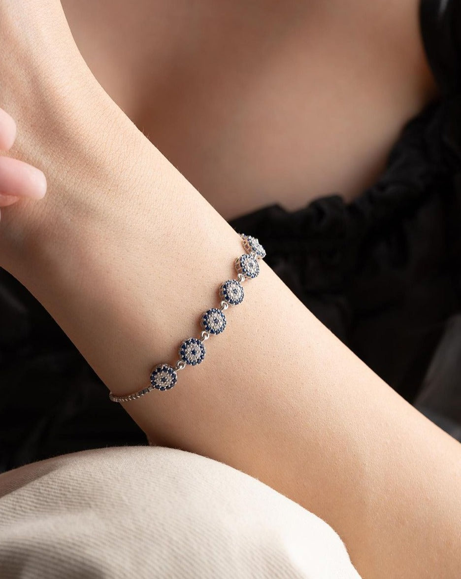 Blue And White Round Brilliant Cut Signity Diamond Cluster Bracelet For Women | Adjustable Bracelet For Her | Everyday Wear Jewelry