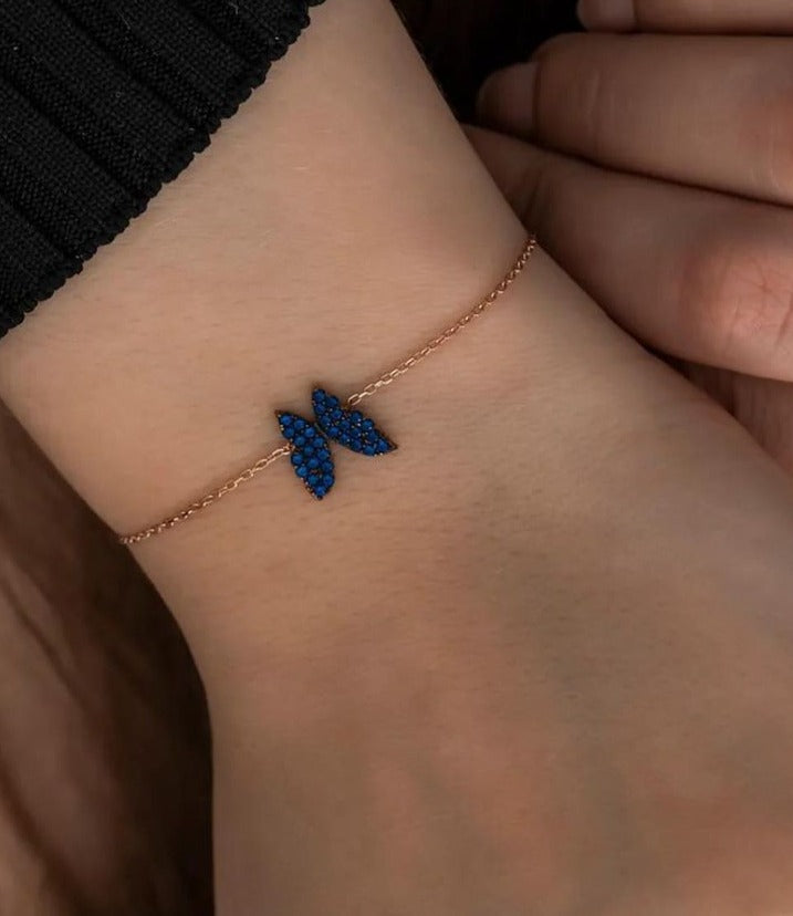 Butterfly Shape Blue Round Brilliant Cut Signity Diamond Cluster Bracelet | Birthday Gift Bracelet For Women | Thank You Gift Bracelet
