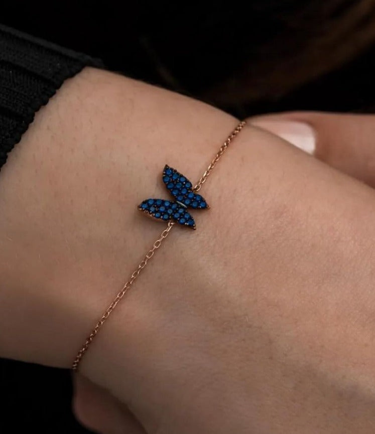 Butterfly Shape Blue Round Brilliant Cut Signity Diamond Cluster Bracelet | Birthday Gift Bracelet For Women | Thank You Gift Bracelet