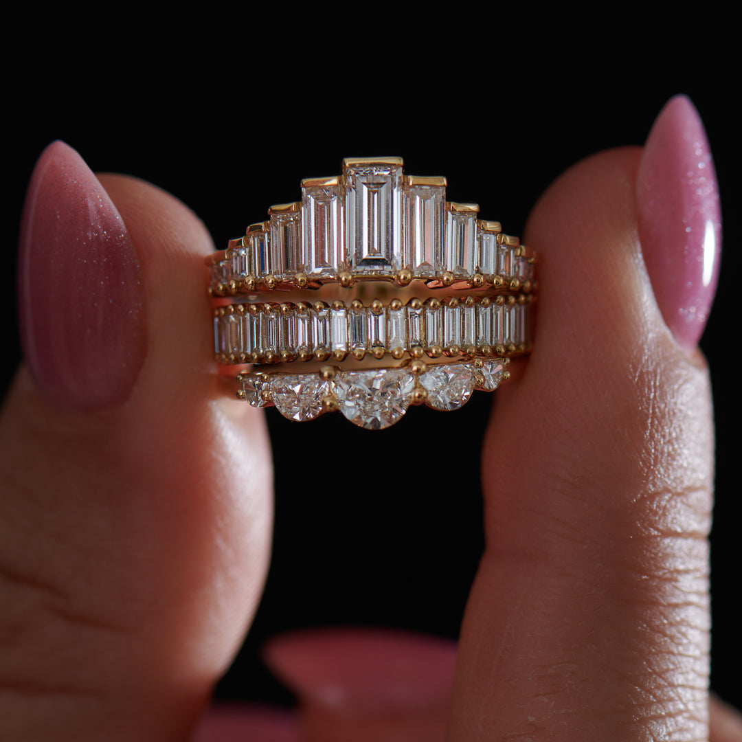 2.2Ct White Baguette Cut Bar And Prong Ring Set | Bridal Wedding Ring Set | Beautiful Ring Set | Triple Band Ring Set