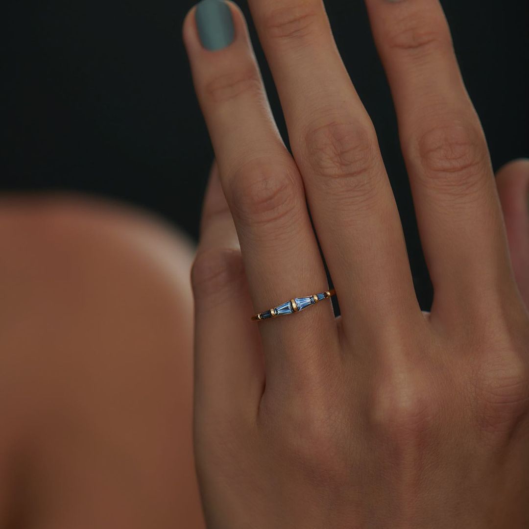 1.2CT Blue Tapered Baguette Cut Bar Set Ring | Birthstone Ring For Women | Minimalist Ring | Unique Ring