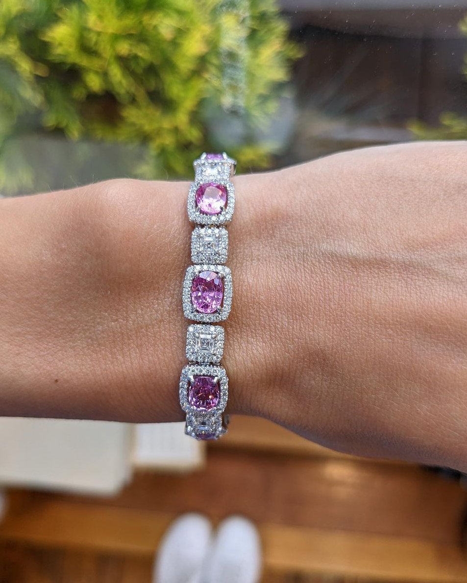 Pink Oval And White Asscher Brilliant Cut Signity Diamond Halo Bracelet | Special Occasion Gift Bracelet For Her | Stylish Engagement Gift Bracelet For Love