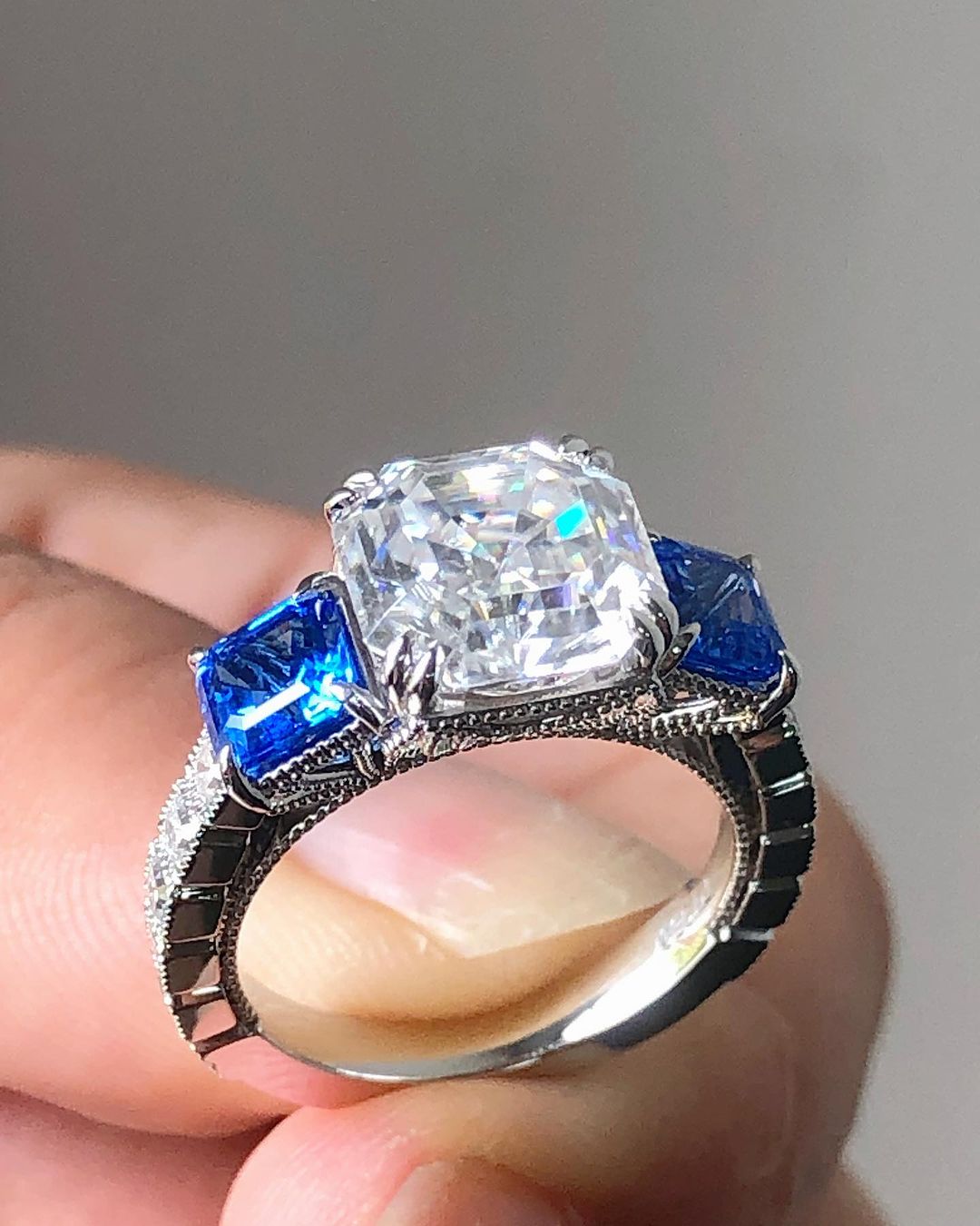 2.8Ct White Asscher Cut Three Stone Ring | Anniversary Gift Ring | Designer Ring | Gift For Women