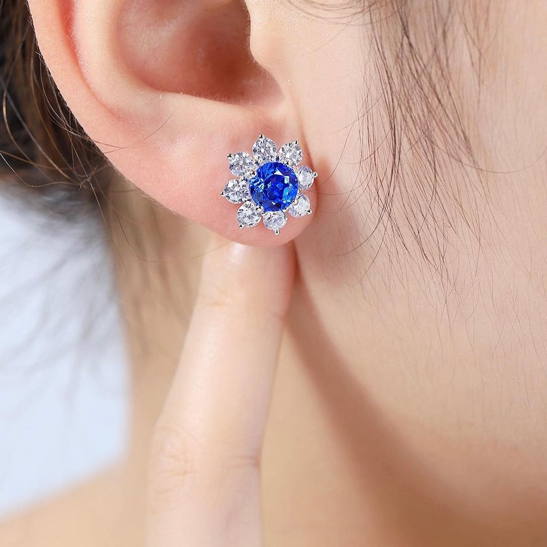 Blue Round Cut Cubic Zirconia Solitaire With Cluster Stud Earring | Party Wear Earring For Women | Bridal Wedding Gift Earring | Celestial Earring For Her