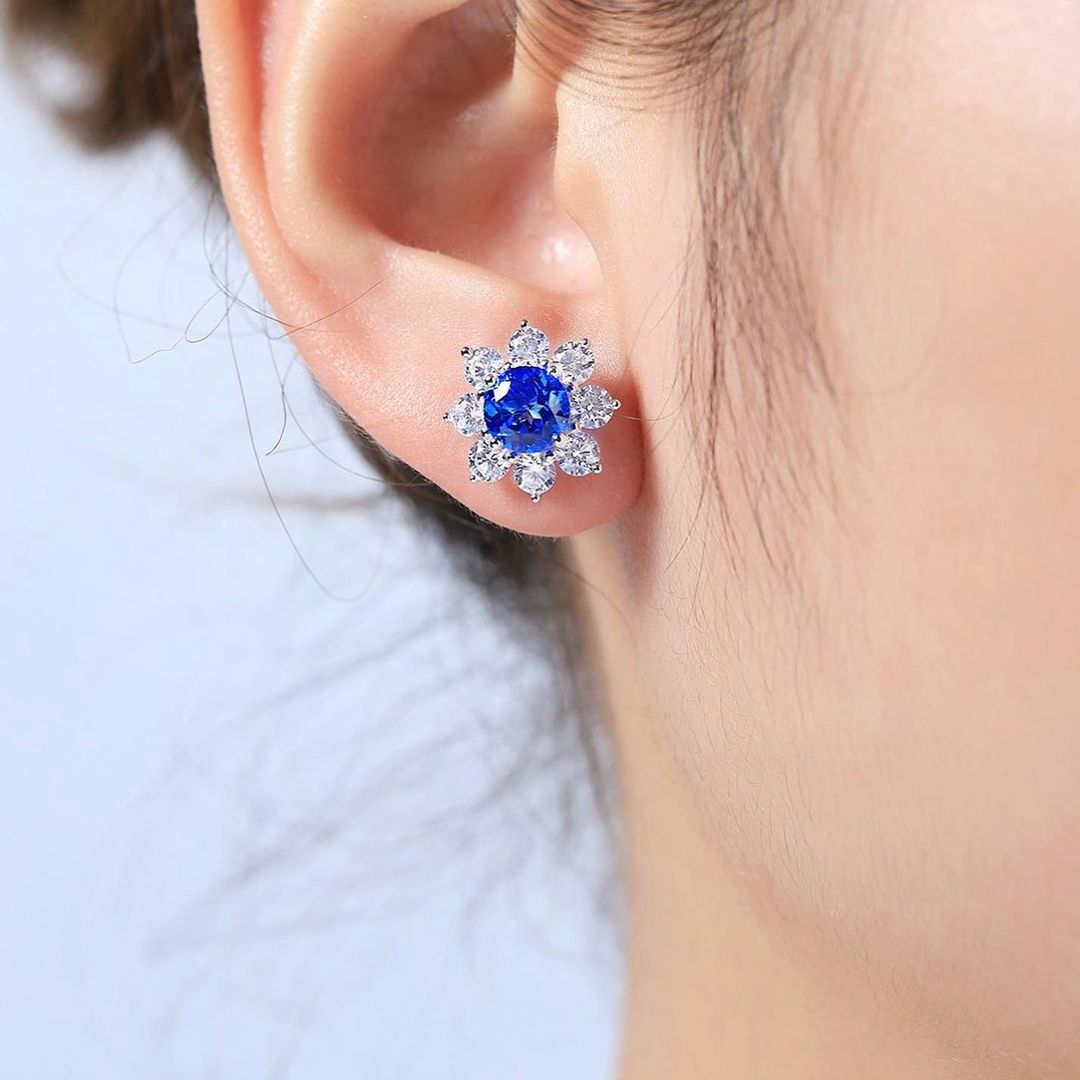 Blue Round Cut Cubic Zirconia Solitaire With Cluster Stud Earring | Party Wear Earring For Women | Bridal Wedding Gift Earring | Celestial Earring For Her