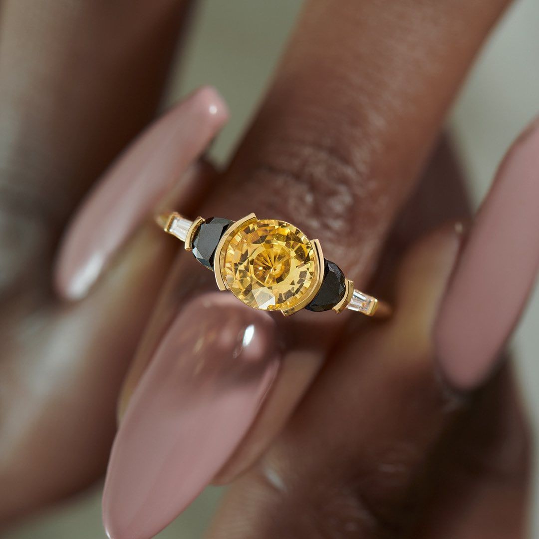 2.60Ct Golden Yellow Round Cut Half Bezel Ring | Birthday Gift Ring For Women | Ice Crushed Ring