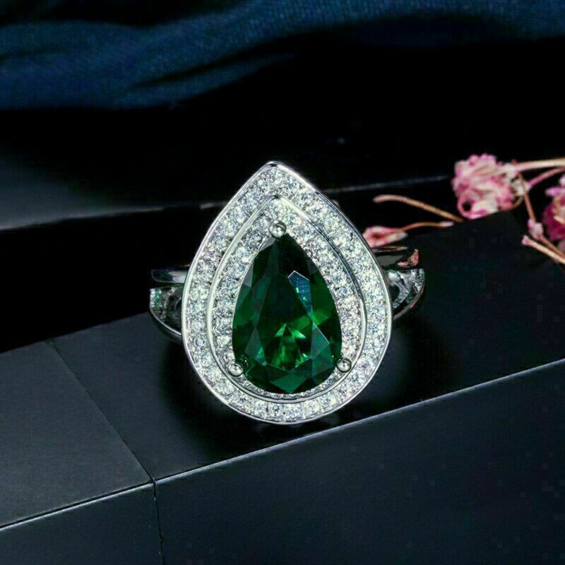 3.10Ct Green Pear Cut Double Halo Ring | Party Wear Ring | Special Occasion For Her