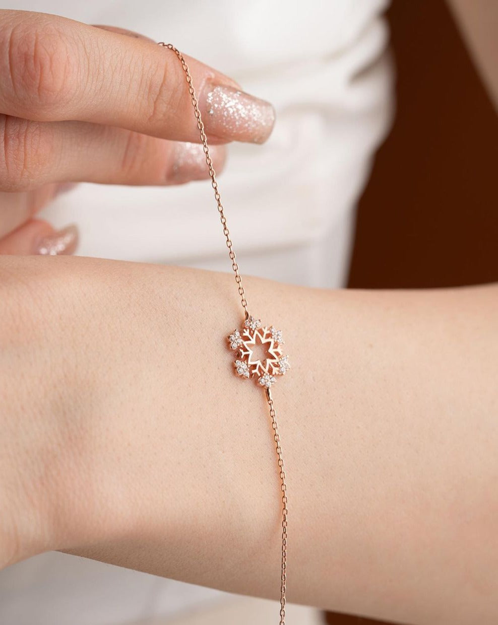 White Round Brilliant Cut Signity Diamond Snowflake Bracelet For Women | Bridesmaid Gift | Tiny Bracelet For Her | Delicate Bracelet