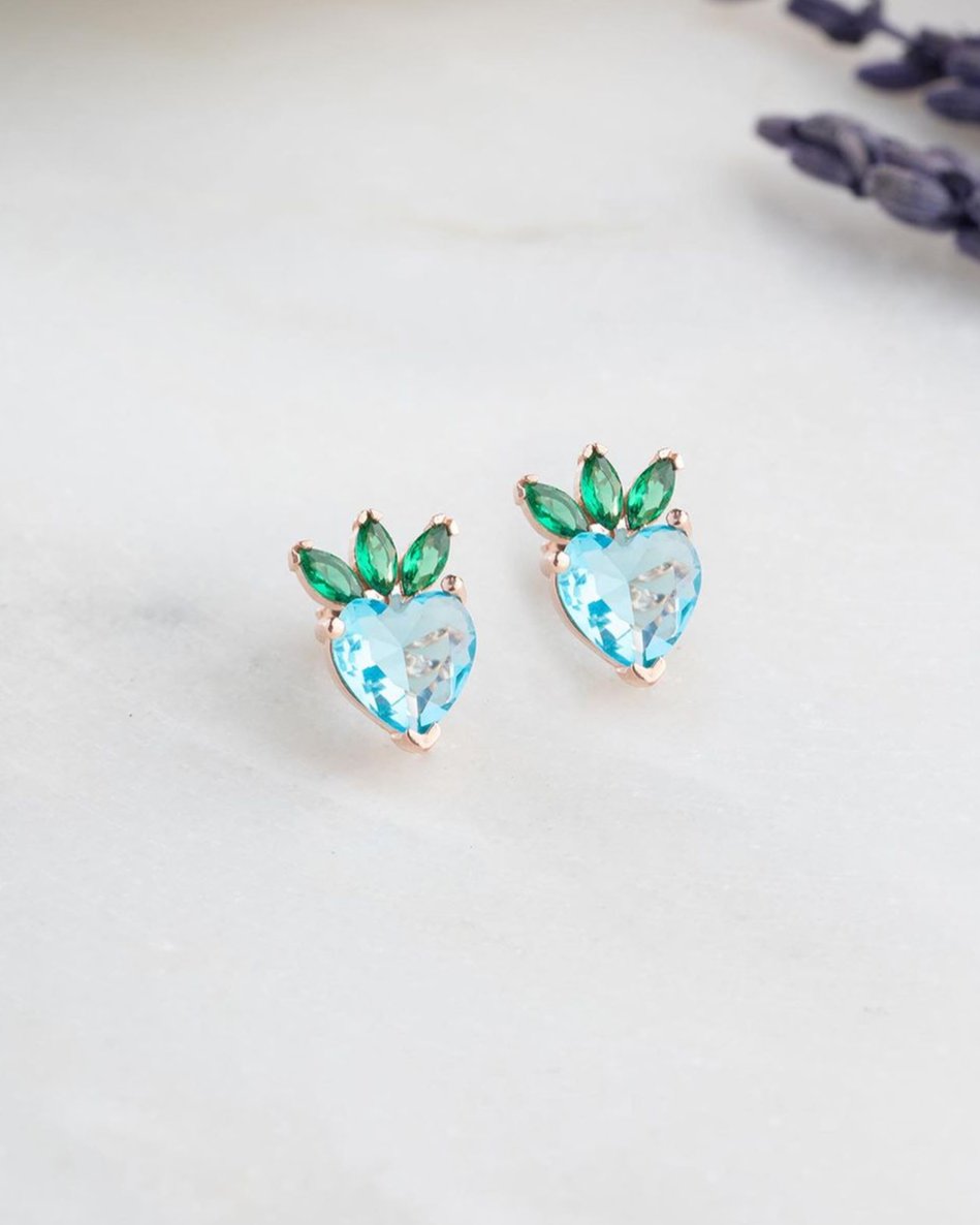 Aquamarine Heart Cut Cubic Zirconia Solitaire Stud Earring For Her | Strawberry Shape Stud Earring | Birthstone Gift Earring For Girl