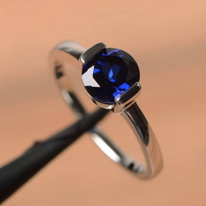 2.6Ct Blue Round Cut Bar Set Ring | Proposal Ring For Fiancee | Delicate Solo Diamond Ring | Everyday Jewelry