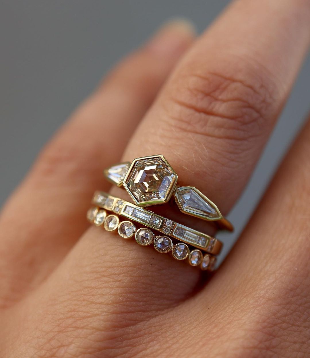 2.2Ct Yellow Hexagon Cut Bezel Ring Set | Engagement Ring Set For Bride | Elegant Ring Set | Unique Ring Set