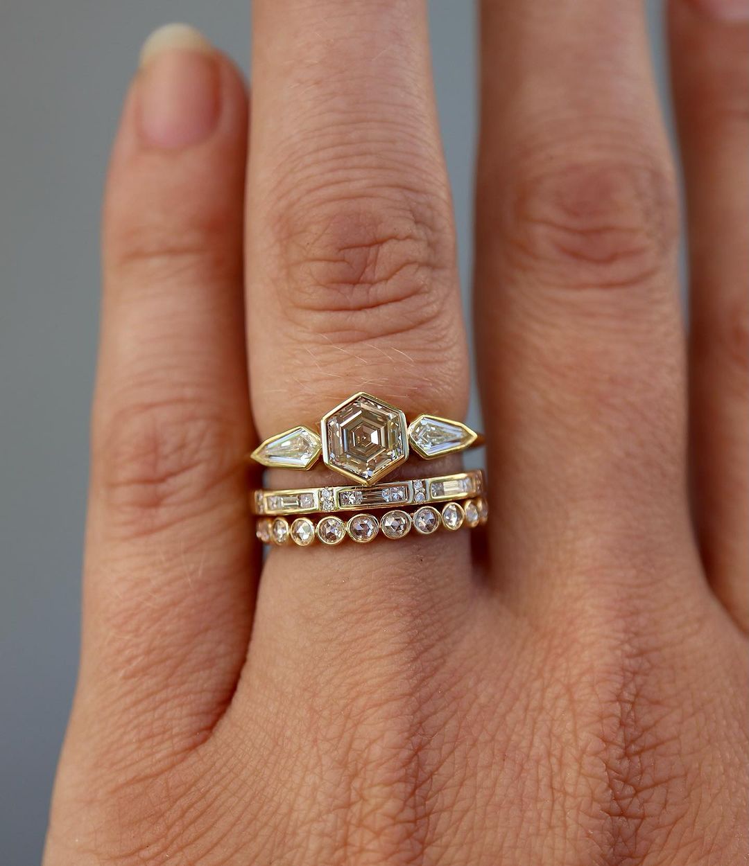 2.2Ct Yellow Hexagon Cut Bezel Ring Set | Engagement Ring Set For Bride | Elegant Ring Set | Unique Ring Set