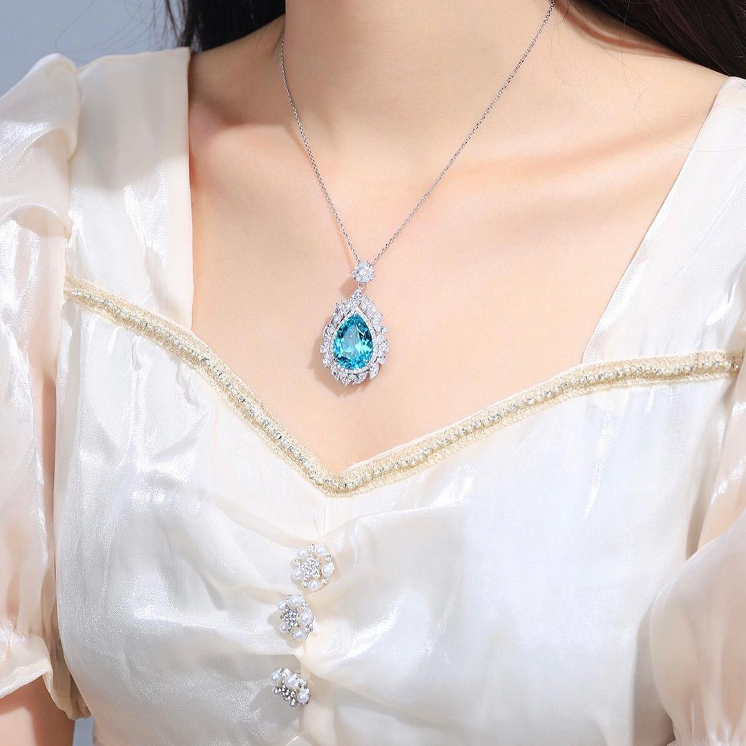3.30Ct Aquamarine Color Pear Cut Halo Pendant | Party Wear Pendant For Women | Fashion Jewelry | Designer Jewelry Piece