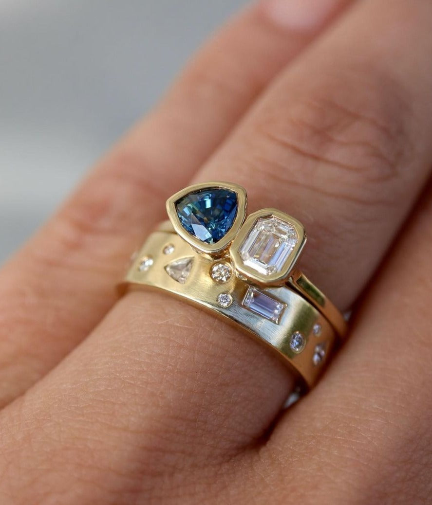 2.5Ct Blue Trillion And White Emerald Cut Bezel And Two Stone Ring Set | Anniversary Gift Ring Set For Wife | Double Band Ring Set | Thank You Gift
